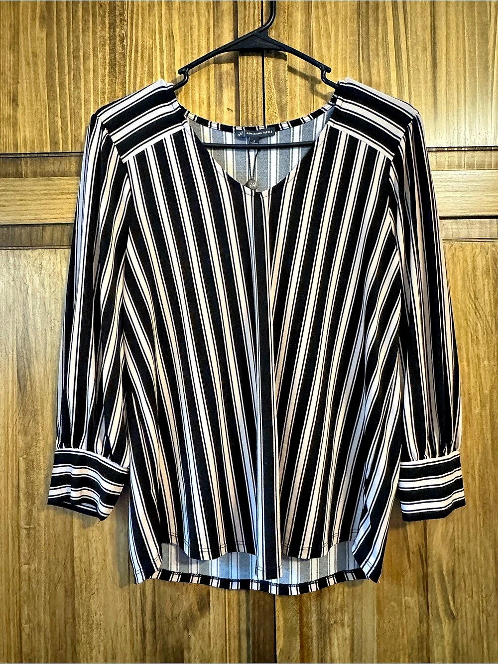 Adriana Papell Striped Blouse in Black & Pink Like New